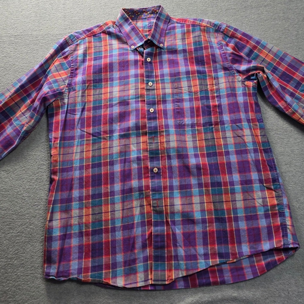 Alan Flusser Mens‎ Plaid Button Down Shirt Purple Blue Floral Trim Long Sleeve